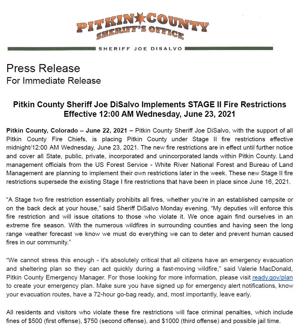 Press release image - Stage 2 fire restrictions effection june 23, 2021