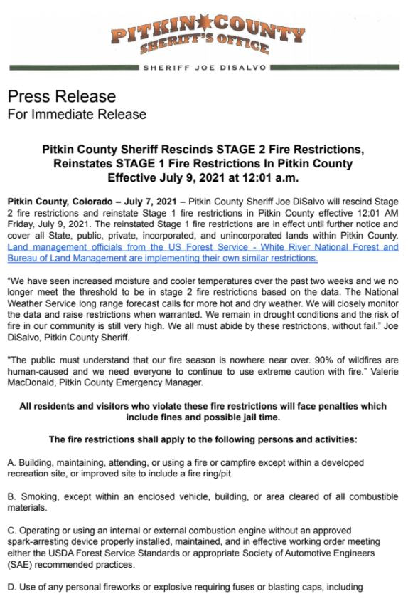 Image of press release - stage 2 fire restrictions rescinded. Stage 1 reinstated