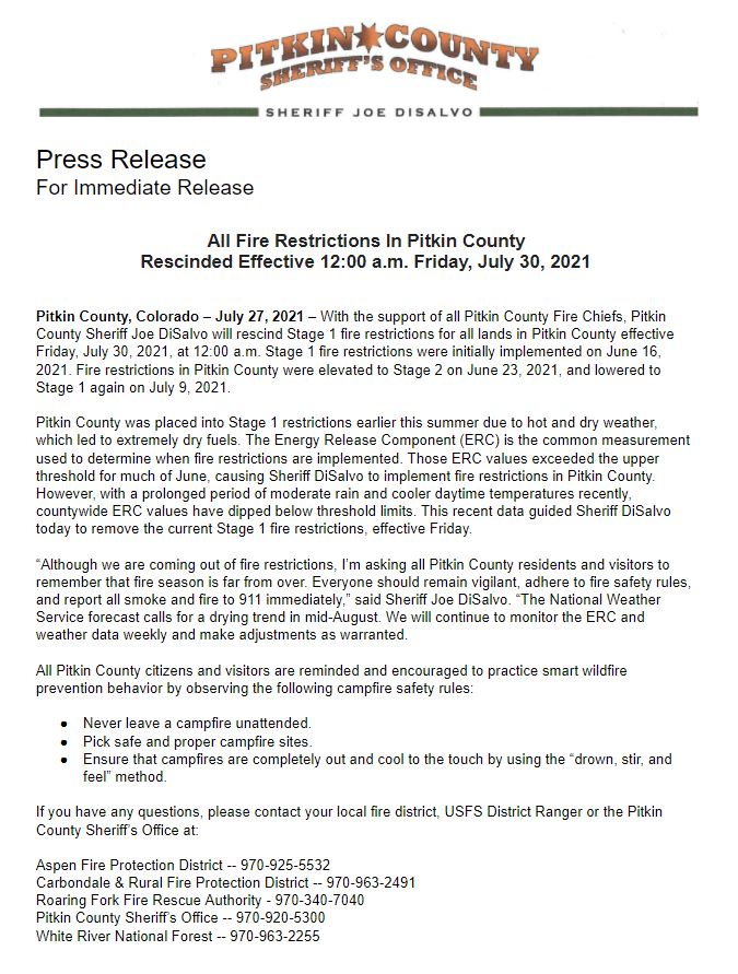 Image of a press release - Fire restrictions rescinded friday july 30 2021